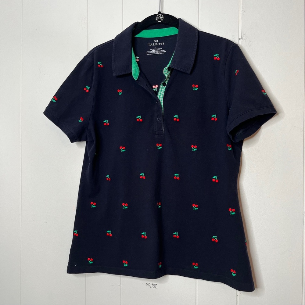 Talbots Navy Polo with all over Cherry Embroidery Women's Large
